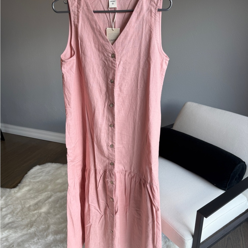 Lintico Shop “Celine” Linen Vacation Dress V Neck Mid Length Size M Pink NWT - Picture 3 of 5